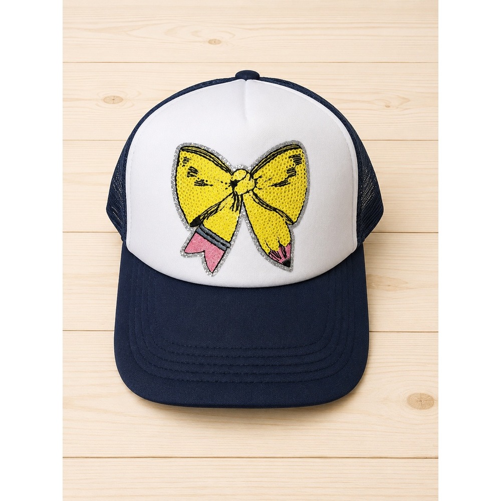 Navy/White Trucker Hat Yellow Sequin Pencil Bow Mesh Snapback Adjustable teacher